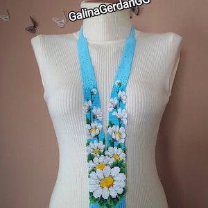 Ukrainian Floral Beaded Necklace | Blue Gerdan with Daisies | Handmade Ethnic Jewelry