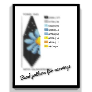 Könnte beinhalten: Ein Perlenmuster für Ohrringe mit einer blauen Blume mit gelbem Zentrum auf schwarzem Hintergrund. Das Muster enthält eine Farbtabelle mit den Perlenfarben und -mengen.