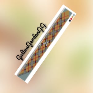 Puede incluir: Un patrón de abalorios para un brazalete con un diseño de cuadros negros, blancos, rojos y dorados. El patrón está etiquetado como "Galina Gerdan GG".