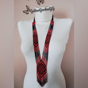 Handmade Ukrainian Gerdan Necklace | Red and Black Geometric Beadwork