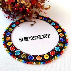 Floral Beaded Choker Necklace • Colorful Ukrainian Jewelry • Handmade Folk Style Beadwork reconstruction of an ancient necklace from Ukraine