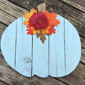 Thanksgiving Halloween Decor/ Blue Pumpkin/ Harvest Fall Autumn Decor/ Reclaimed Upcycled Barn Wood and Pallet Wood image 1