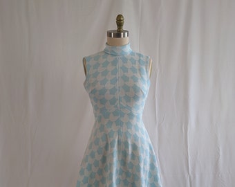 1960's Vintage Light Blue and White Sleeveless Polyester Geometric Dress