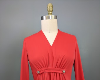 Long 1970's Red Polyester Evening Party Dress with Buttons