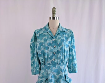 Women's Vintage Bright Blue and Teal Floral Leaf Design Cotton 1940's Handmade 3/4 Sleeve Milkmaid Dress
