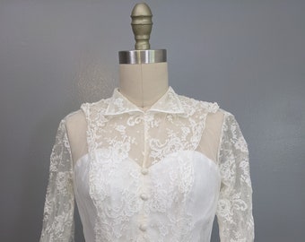 Vintage Elegant Classy White Lace Sheer 1950's Wedding Dress with Gigantic Train