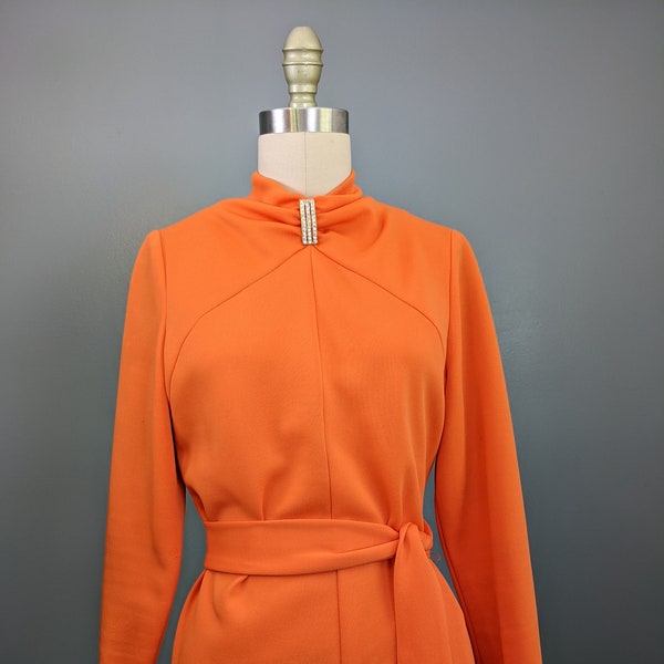 Bright Neon Orange Vintage 1970's Henry Lee Polyester Party Dress with Ties