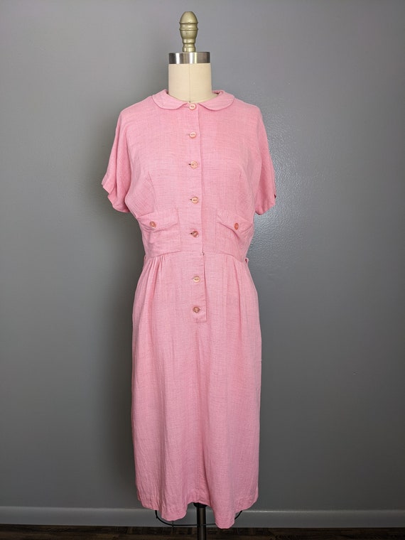 Vintage Bright Pink 1950's Linen Button Up Coquet… - image 1