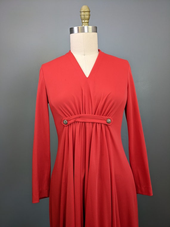 Long 1970's Red Polyester Evening Party Dress with