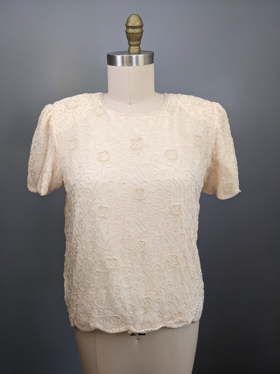 Vintage Cream Polyester Beaded Floral Night Vogue 