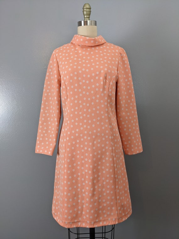 1960's Peach Polyester Cream Polka Dot Summer Dres