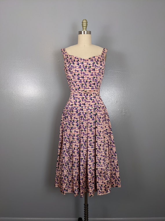 1940’s Silk Taffeta Floral Striped Dress - image 1