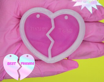 HOLOGRAPHIC Broken Heart BEST FRIEND Neckalce Pendants Silicone Mold for Resin Casting