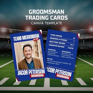 Tarjetas de intercambio para padrinos de boda, tarjeta de reclutamiento para padrinos de boda, tarjeta de propuesta para padrinos de boda, tarjeta de béisbol para padrinos de boda, regalo deportivo para bodas (plantilla de Canva)