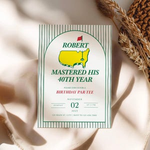 May include: A birthday invitation with a green and white striped background. The invitation features the name "ROBERT" at the top, with the text "MASTERED HIS 40TH YEAR" below. The invitation includes the date, time, and location for the birthday celebration.