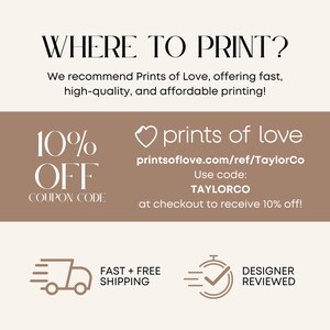 The image is a promotional advertisement for Prints of Love, offering fast, high-quality, and affordable printing services. It features a 10% off offer, a designer-reviewed shipping option, and a 10% off coupon code for Taylorco.