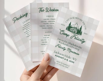 Camp Bachelorette Invite & Itinerary, Last Trail Before the Veil Invitation (Canva Template)