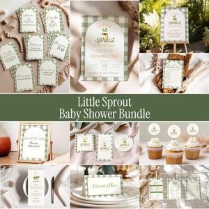 May include: A baby shower stationery bundle featuring a green and white gingham pattern with an arched design and a potted sprout illustration. The set includes invitations, signage, cupcake toppers, favor tags, menus, and game cards with text.