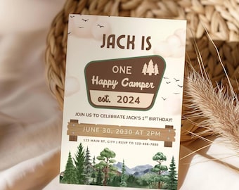 One Happy Camper Birthday Invitation, Outdoorsy Themed First Birthday, Adventure 1st Birthday Party Decor, Nature Birthday Invitation (0113)
