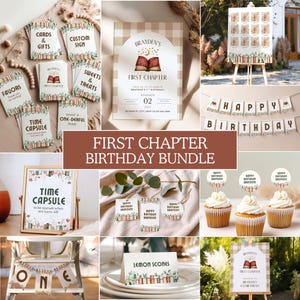 May include: A selection of party decorations with a "First Chapter Birthday Bundle" theme. Includes invitations, signs, cupcake toppers, and a banner. The colour scheme is neutral with book and floral accents.