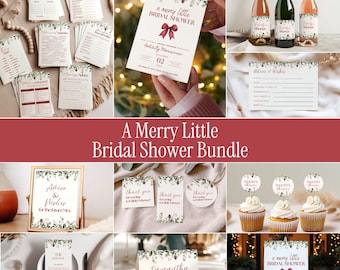 May include: A bridal shower stationery bundle featuring a merry little bridal shower theme with pinecone and greenery accents, red bows, and text including advice and wishes cards, cupcake toppers, wine bottle labels, and place cards.