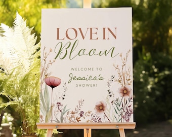 Liefde in bloei vrijgezellenfeest bord, bewerkbare sjabloon bloemen douche welkomstbord, bloemen vrijgezellenfeest schildersezel, decor bruids thee (0212)