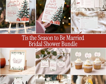 May include: A bridal shower stationery bundle featuring a Christmas tree theme with red text reading Tis the season to be married. Includes a welcome sign, invitation, game cards, advice cards, thank you tags, cupcake toppers, menu, and place cards.