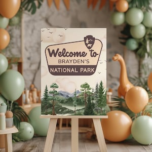 National Park Birthday Party Sign: Camping Theme Easel Welcome Sign Canva Template (0114)