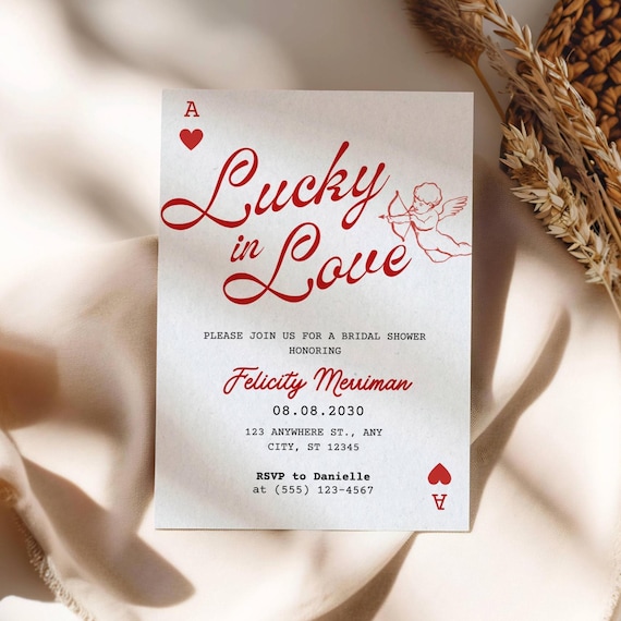 Lucky in Love Bridal Shower Invitation, Vegas Bridal Shower Invite, Queen of Hearts Shower Invitation, Cupid Theme (Canva Template)