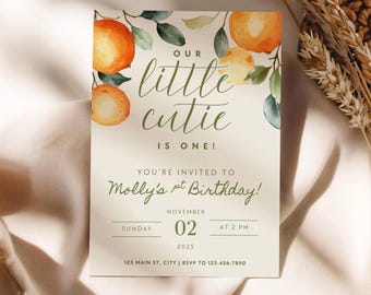 Our Little Cutie Is One Birthday Invitation, Editable Little Cutie Citrus 1st Birthday Invite Template, Little Cutie Orange Birthday Invite