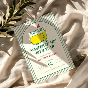 May include: A birthday party invitation with a green and white striped background. The invitation features the text "ROBERT MASTERED HIS 40TH YEAR" with a yellow and green graphic. The invitation includes the date, time, and RSVP information.