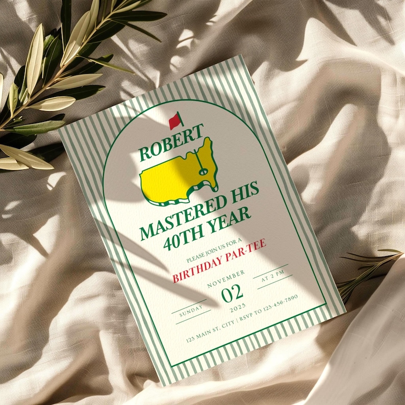 May include: A birthday party invitation with a green and white striped background. The invitation features the text "ROBERT MASTERED HIS 40TH YEAR" with a yellow and green graphic. The invitation includes the date, time, and RSVP information.
