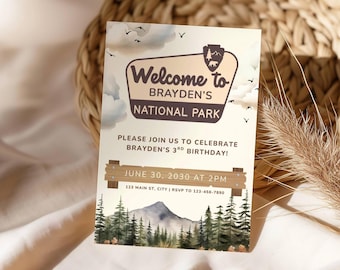 National Park Birthday Invitation, Camping Adventure Invitation, Outdoors Birthday Invite Canva Template (0114)