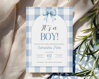 It's a Boy Invitation, Blue Gingham Baby Shower Invite