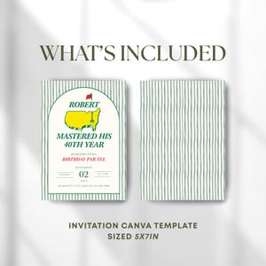 May include: Two-sided invitation template with a green and white striped design. The front features text: "ROBERT MASTERED HIS 40TH YEAR" with event details. The back has a vertical striped pattern. The template is sized 5x7 inches.