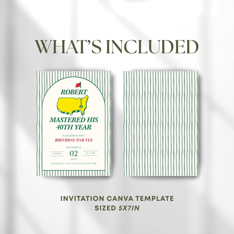 May include: Two-sided invitation template with a green and white striped design. The front features text: "ROBERT MASTERED HIS 40TH YEAR" with event details. The back has a vertical striped pattern. The template is sized 5x7 inches.