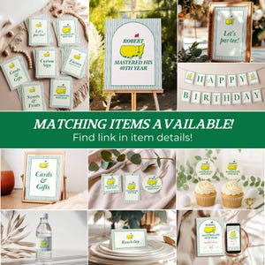 May include: A collection of golf-themed party decorations, including signs, cards, and cupcake toppers. The items feature a green and yellow golf course map design with text that reads "Let's par-tee!" and "Happy Birthday."