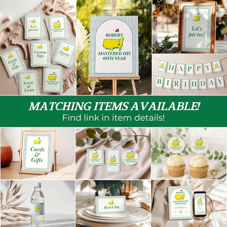 May include: A collection of golf-themed party decorations, including signs, cards, and cupcake toppers. The items feature a green and yellow golf course map design with text that reads "Let's par-tee!" and "Happy Birthday."