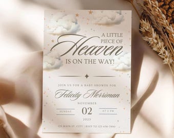 A Little Piece of Heaven Baby Shower Invitation, Moon Stars Baby Shower Invitation, Cloud Baby Shower (0209)