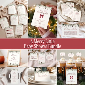 Puede incluir: Un conjunto de papelería para baby shower con temática merry little baby shower, decorado con piñas y vegetación, texto en rojo y un lazo rojo. Incluye tarjetas de invitación, hojas de juegos, etiquetas de agradecimiento y letreros.