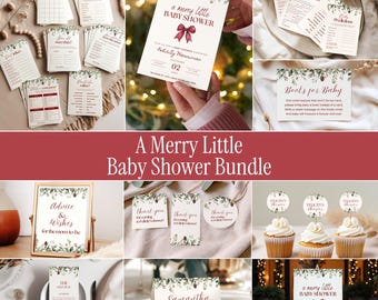 May include: A baby shower stationery bundle featuring a merry little baby shower theme with pinecone and greenery accents, red text, and a red bow graphic. Includes invitation cards, game sheets, thank you tags, cupcake toppers, and signage.