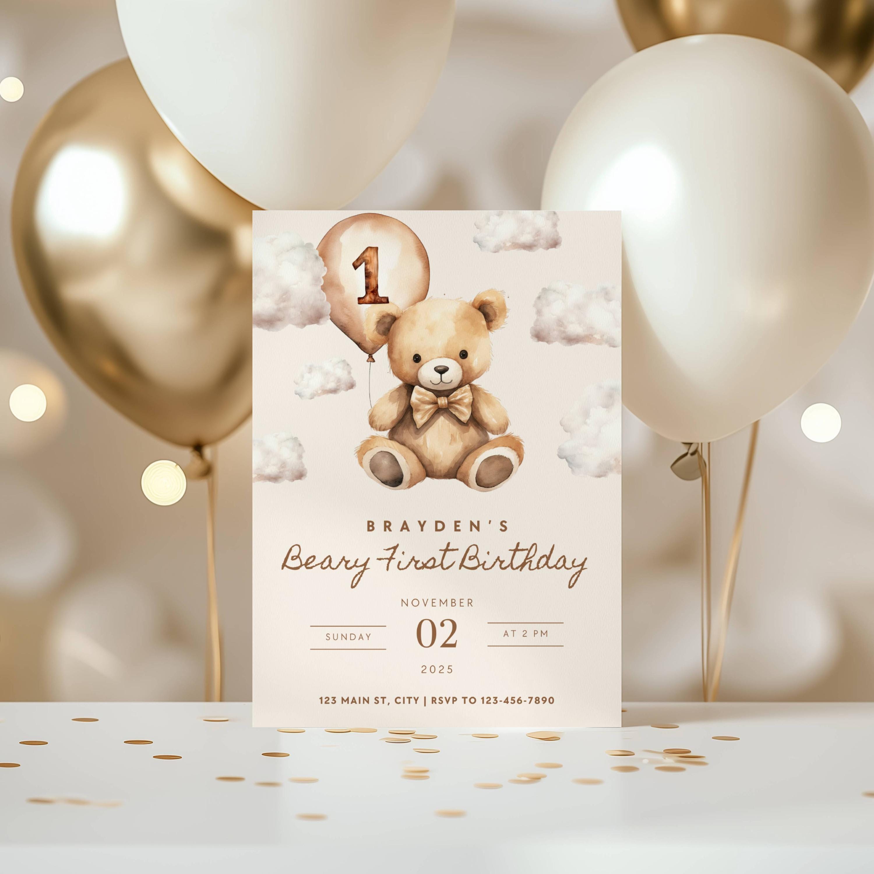 Teddy Bear 1st Birthday Invitation, Beary First Birthday, Boy Invite - Etsy
