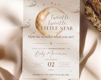 Twinkle Twinkle Little Star Gender Reveal Invitation, Moon Stars Clouds Invitation, He Or She, Boy Or Girl Invite