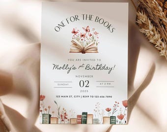 One For The Books Einladung, Geburtstagsparty für Mädchen mit Buch-Thema, Märchenbuch 1. Geburtstag (0224)