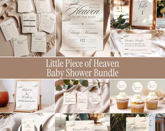 May include: A baby shower stationery bundle featuring a cloud and star theme with the text A Little Piece of Heaven Is On The Way. Includes invitation cards, table signs, diaper raffle cards, advice cards, thank you tags, and cupcake toppers.