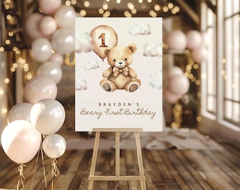 Teken eerste verjaardag Beary, 1e verjaardag teddybeer neutrale schildersezel, decor eerste verjaardag Beary, verjaardag ballonbeer (canvasjabloon)