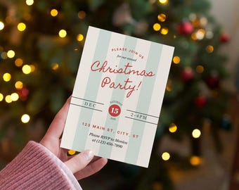 Puede incluir: Una tarjeta de invitación rectangular para una fiesta de Navidad con rayas verticales de color azul claro y blanco. El texto dice: Please join us for our annual Christmas Party! Saturday Dec 15 2030 2-4PM 123 Main St, City, ST. Please RSVP to Monica at (123) 456-7890.
