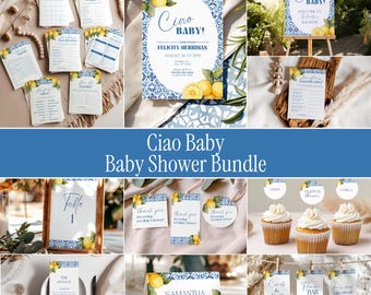 Ciao Baby Invitation Bundle, Lemon Baby Shower Bundle Template, Italian Blue Tiles Baby Shower Decorations (0207)