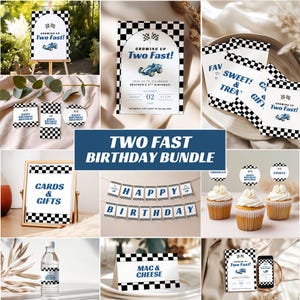 Op de afbeelding: Een verzameling feestversieringen met een racethema. Inclusief uitnodigingen, borden, cupcake toppers en een banner, allemaal met een zwart-wit geblokt patroon en de tekst "Two Fast Birthday Bundle".