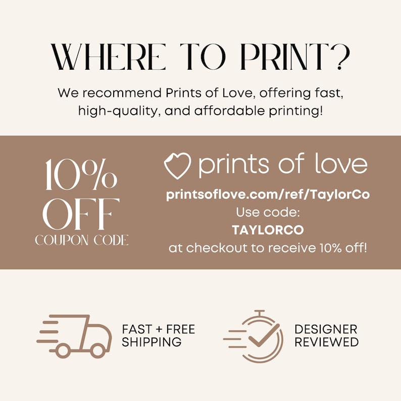 The image is a promotional advertisement for Prints of Love, offering fast, high-quality, and affordable printing services. It features a 10% off offer, a designer-reviewed shipping option, and a 10% off coupon code for Taylorco.